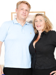 Thick aged woman with large natural scones is bare undressed by her paramour