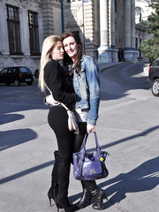 Mature older woman seduces younger blond in steamy public washroom tryst