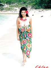 European solo model Chloe Vevrier demonstrating hooters in ocean and on beach