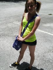 Petite legal age teenager angel Alyssa Hart in pigtails giving a hawt tugjob in the car