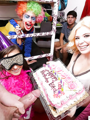 Coed Gia Paige and blindfolded gf engulf knob and take up with the tongue snatch at birthday party