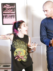 Tattooed Sierra Cure in pigtails & socks gives oral stimulation & receives cum on wet crack