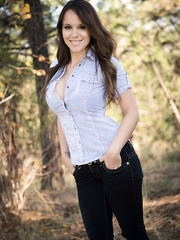 Black haired non-professional Bryci partially strips previous to engulfing penis in woods