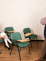 Youthful Chloe Toy in haunch socks and pigtails baring her small booty in class