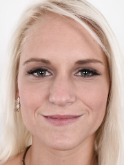 Smiling blond undresses off her jeans and darksome belt underclothing to pose undressed