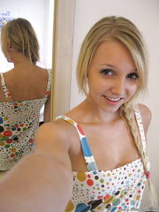 Golden-Haired 1st timer exposes her melons and bawdy cleft for self shots in the mirror