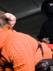 Short haired female finds herself an unwilling sex serf to hooded studs