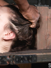 Gorgeous bondman collared and cuffed for coercive deepthroat & cum drenching