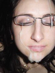 Girlfriends face covered in spunk all dripping off her chin and cheek