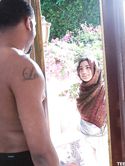 Cute legal age teenager Nadia Alli sucks large dick with cook jerking & interracial doggy style fuck