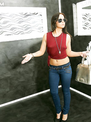 Sultry brunette hair receives overspread with goo via a gap in the bath wall