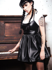 Tattooed goth in pigtails Judas shows off her constricted little gazoo in nylons