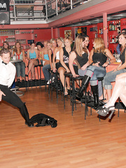 Dressed females at a bachelorette party give male strippers oral-sex sex