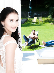 Youthful brunette hair angel Crystal Greenvelle tries an interracial double penetration and loves it