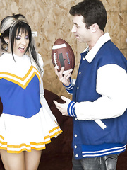 Wicked cheerleader Helly Hellfire gives a irrumation and receives team-fucked