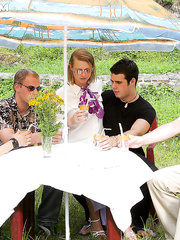 Lecherous fetish harlots have a fun partly dressed groupsex outdoor