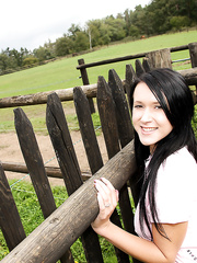 Dark Brown legal age teenager in riding attire wanders into a horse paddock in advance of dildoing