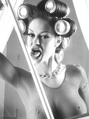 mother I'd like to fuck Angelina Valentine in biggest rollers & fishnet gives pierced twat closeup