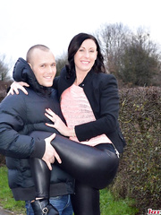 Dilettante mother I'd like to fuck Lara Latex bangs a younger chap in over the knee boots and stockings