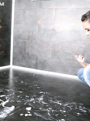 Excited brunette hair acquires overspread in sticky cum in obscene gloryhole bukkake scene