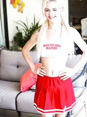 Blond legal age teenager Elsa Fantasy hiking cheerleader uniform to flash bald slit