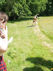 Group of schoolgirls discover stripped boy doing Tai Chi in woods and jerk him off