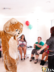Concupiscent allies engulfing male stripper's large penis at CFNM birthday party