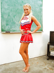 Golden-Haired chick Jamey James flashing upskirt pants in cheerleader uniform