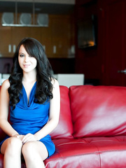 Darksome haired dilettante flashes her stripped gazoo and large meatballs on a red chesterfield