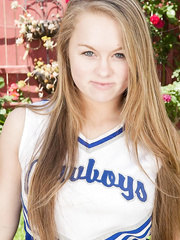 Legal Age Teenager cheerleader Madison Chandler widens her pink fur pie wide open on walkway