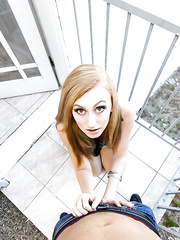Dressed woman Alexa Grace deepthroating dick on balcony previous to making love