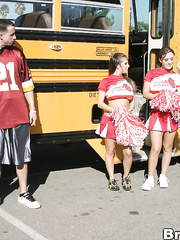 3 horny cheerleaders beginning a fervent fuckfest in the school bus