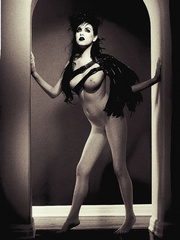 Goth model Heather Enjoyment goes barefoot during darksome and white discharges