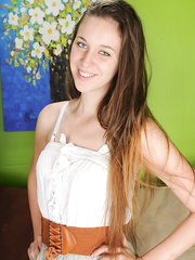 Non-Professional legal age teenager chick Layla Adams stretches her constricted arse and muff