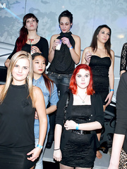 Dressed gals engulf the jocks of male strippers at a bachelorette party