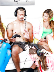 3 small legal age teenager angels take turns riding and engulfing a darksome rod