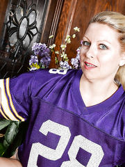 Mature lady Zoey Tyler widens hairless bawdy cleft after panty and football jersey removal