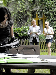 Fully dressed hotties acquire made water on after a trio fuck on picnic table