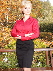 Pretty older Sarah Vandella bares her pretty bra buddies outdoors in nylons