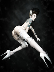 Tattoo model Razor Candi sucks on a large vibrator in Bride of Frankenstein attire