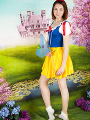 Cute legal age teenager cosplay angel Slava undresses her dress to widen with exposed feet