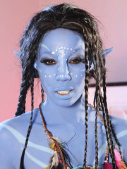 Cosplay girl Misty Stone takes jock in no thing but blue body paint