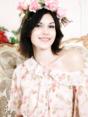 Sexy legal age teenager Euro Elizabet flashing miniature milk shakes & undressing to show off hairless bawdy cleft