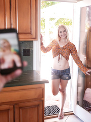 Perverteds golden-haired mommy catches stepson jerking to her images & gives him POV irrumation