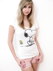 Hot pretty legal age teenager Holy removes shorts and t-shirt to toy lewd little muff