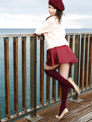 Dark Brown glam sweetheart Serena Wood flashing upskirt legal age teenager pants in lengthy socks