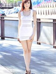 Juvenile hawt redhead Sabina shows off sexy gazoo whilst flashing public panty upskirt