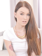 Tattooed redhead sweetheart Misha Cross planting hairless fur pie atop Sybian