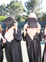 College gals celebrate graduation with an all beauty 3some in dorm