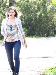 The need to pee overcomes Barbe in the park so this babe squats on the steps to drip